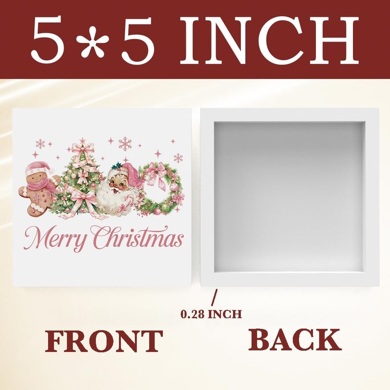 FXEFXE Pink Christmas Decor, Christmas Decorations Indoor, Coquette Bow Xmas Tree Santa Claus Gingerbread Sign Gift for Women Friends, Rustic Wooden Box Sign for Home Office Bedroom Desk Decor 5x5 Inches - Image 2